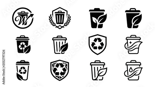 Set of trash can and recycle bin icons with leaves and shields.