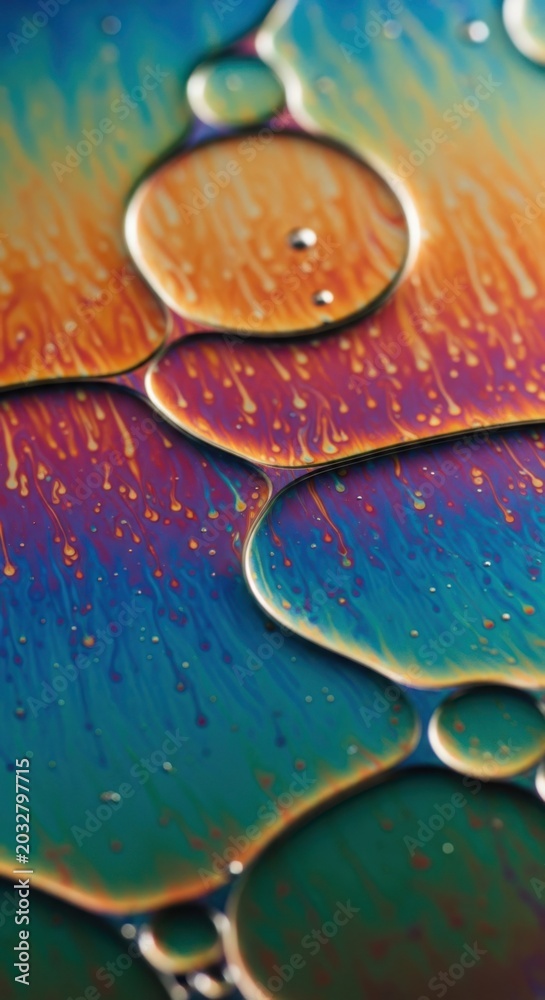 Fototapeta premium Rainbow oil droplets, colorful bubbles, iridescent liquids, macro close-up