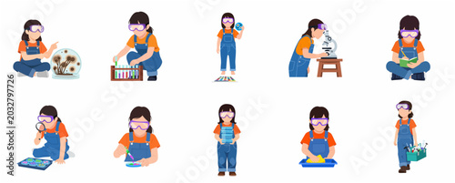 Schilderij op canvas Young Girl Character Set Engaging in STEM Activities and Laboratory Experiments