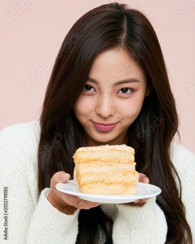 Cute girl secretly eating cake while checking if anyone is watching