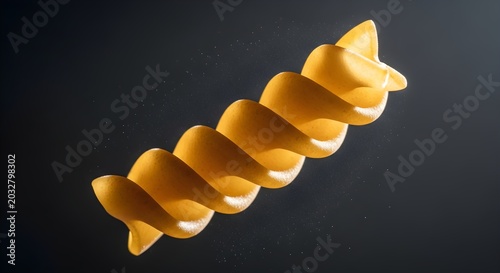 A single fusilli pasta on a dark background