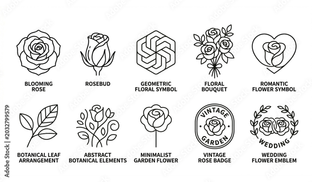 Fototapeta premium Rose and Floral Logo Elements Set: Minimalist Line Art Flower Icons and Wedding Emblems