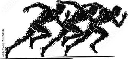 Canvastavla Male runner sprint silhouette vector set with dynamic athletic poses isolated on