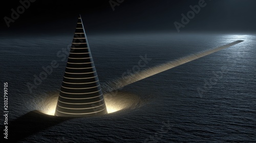 A black and white striped tower emerges from a hole in the ground, casting a long shadow on the ground.