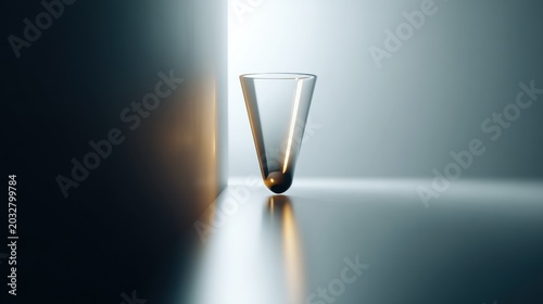 A glass vase with a ball inside sits on a reflective surface.