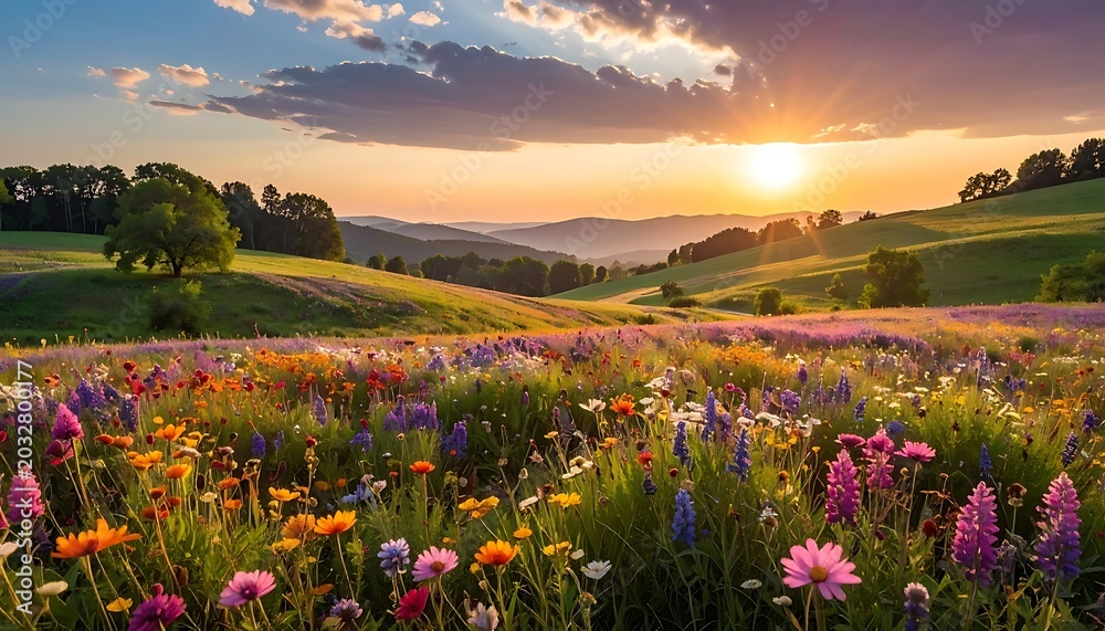 Fototapeta premium Vibrant wildflower meadow at sunset landscape.