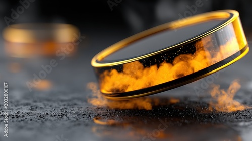 A ring with a black band and gold rim, with orange flames emerging from the center.