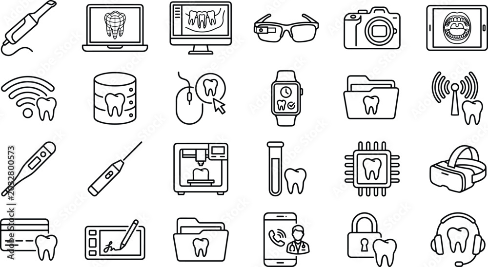 Fototapeta premium Digital Dentistry and Smart Dental Technology Line Icon Set Featuring Intraoral Scanner 3D Printing CAD CAM Telehealth VR and Wireless Database Symbols for Apps