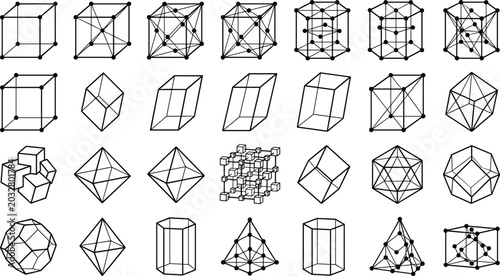 фотографія Geometric Crystal Lattice and 3D Polyhedron Line Icon Set Featuring Bravais Latt