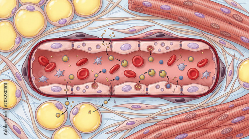 Blood lipid particles and red blood cells flow through blood vessel surrounded by muscle and fat tissue in this detailed medical illustration