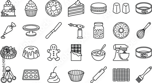 Foto Baking and Pastry Cooking Line Icon Set with Wedding Cake Cupcake Tart Gingerbre