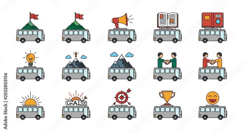 Naklejka premium Business Concepts Icons on Buses: Goals, Teamwork, Success, Ideas, and Growth