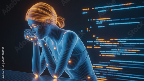 Blue glowing woman, futuristic neon, data visualization, cyberpunk portrait