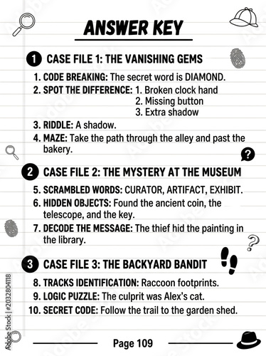 Educational detective puzzle worksheet featuring three mystery case files with clues, riddles, and hidden objects for engaging children in critical thinking and problem-solving activities