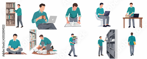 Tableau sur toile Vector Illustration Set of a Young Man Studying, Working on a Laptop, and Resear