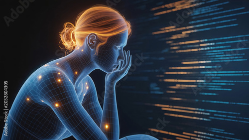 Woman, futuristic, blue, digital, neon, worried, technology, concept