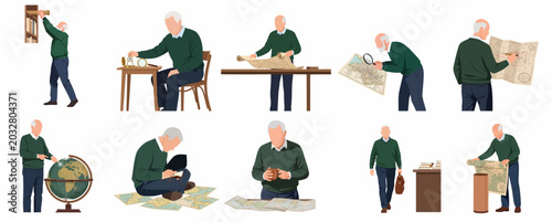 Foto Set of minimalist vector illustrations featuring an elderly man engaged in carto