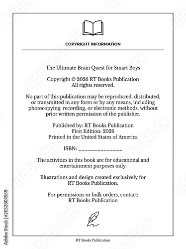 Copyright information page of educational children's book titled 'The Ultimate Brain Quest for Smart Boys' by RT Books Publication, 2026, featuring detailed print and publishing metadata