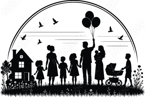 Tableau sur toile Family protection emblem with arch rainbow clover and community silhouettes expr