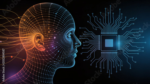 Human brain, circuit board, neural network, artificial intelligence concept