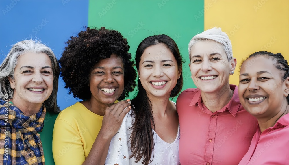 Obraz premium A diverse group of five women of different ages and ethnicities smiling together in front of a colorful background.