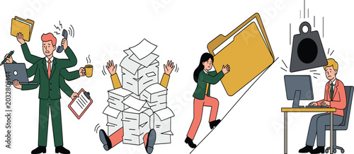 Workplace Stress and Office Workload Illustration Set Featuring Multitasking Employee Paperwork Pressure File Management Corporate Anxiety and Professional Burnout Vector Collection