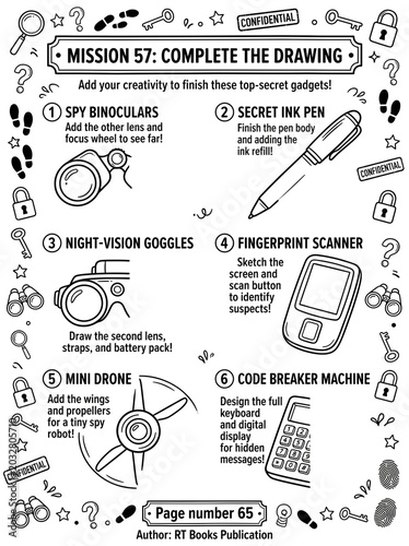 Creative coloring activity sheet featuring six top-secret spy gadgets for children to complete with detailed drawings, black and white line art, educational and fun mission-based design