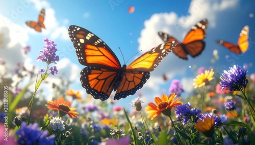 Monarch Butterflies Fluttering Gracefully Over a Vibrant Wildflower Meadow Under a Sunny Blue Sky.