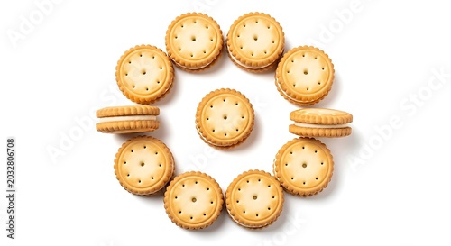 Golden Crackers Arranged in Circle on White Background