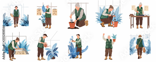 Photos Senior woman botanist and gardener character set working with plants in greenhou