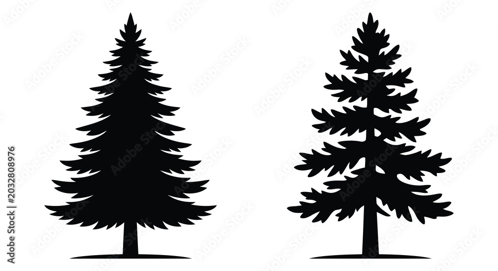 Fototapeta premium Two coniferous tree silhouettes against a white background showcasing a simple black and white design silhouette