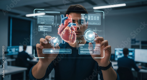 Man Interacting with Digital Visualization of Human Heart Anatomy in High-Tech Workspace Focused on Medical Research and Innovative Healthcare Solutions