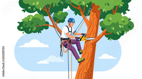 Foto Professional arborist using a chainsaw to prune branches while suspended in a tree