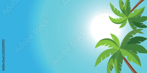 Bright sun and palm trees on a blue sky background. Vector illustration.