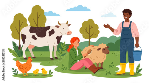 Foto A diverse group of farmers interacting with various farm animals in a field