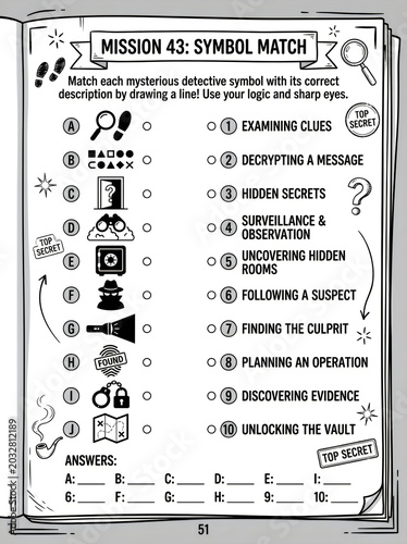 Educational detective puzzle worksheet for children matching symbols with descriptions in engaging black-and-white line art style