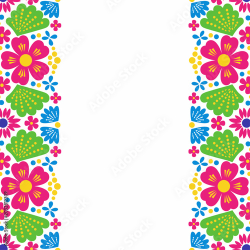 Cuadro en lienzo Vibrant floral patterns adorn the borders of a decorative frame with pink flowers, green leaves, and blue accents on a white background