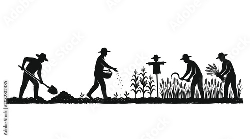 Fotografía Silhouettes of farmers working in a field with crops and a scarecrow
