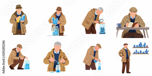 Tableau sur toile Senior man character set engaged in crystal collecting, mineralogy research, and