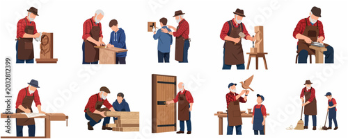 Canvastavla Carpenter and Apprentice Woodworking Collection: Senior Craftsman Teaching Young