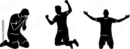 Valokuva Three silhouettes of a man expressing different emotions, kneeling in prayer, jumping in excitement, and standing with arms outstretched in joy, on a white background