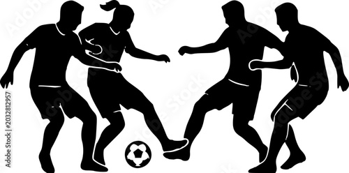 Fotografi Four soccer players in action, kicking and running with a ball in a competitive match, silhouetted against a white background, showcasing teamwork and athleticism in a dynamic sports scene