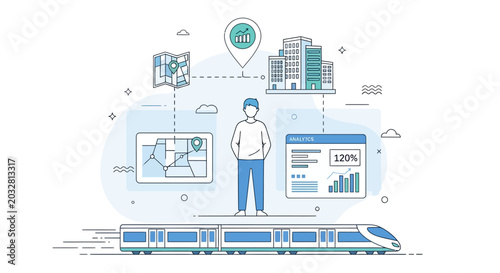 Bild auf Leinwand Illustration of a commuter standing with digital navigation and business data analytics icons