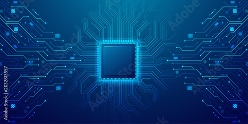 Foto Central processor chip with glowing blue circuits, digital technology and computer processing