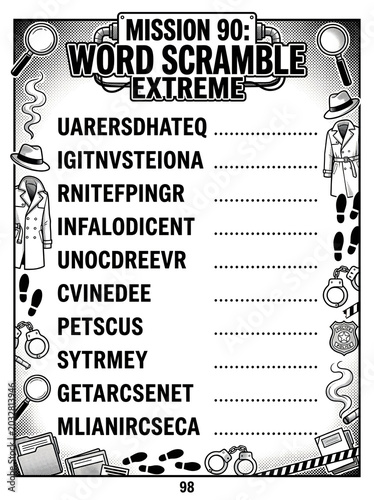 Vintage-style word scramble puzzle challenge with detective-themed illustrations, black-and-white line art, and 90s retro aesthetic for educational or brain-teaser activities