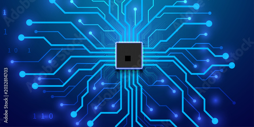 Photos Complex electronic circuit board layout with processor and binary data flow visualization