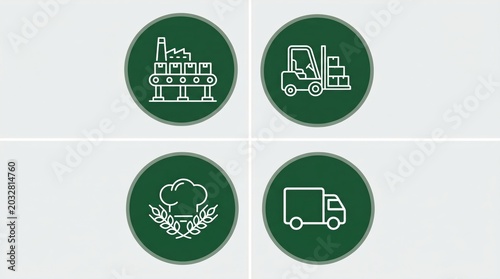 four industrial icons line art circle manufacturing logistics