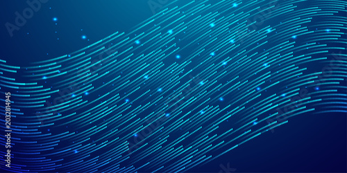 Abstract blue data stream background with glowing particles and wavy lines representing digital information.