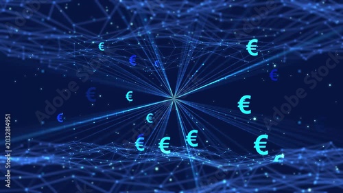 euro signs in light rays, sparks and digital grid on deep blue background, abstract futuristic animation concept for digital euro, stablecoin blockchain technology, tokenization