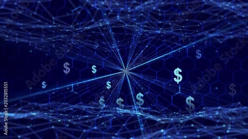 dollar signs in light rays, sparks and digital grid on blue hexagon background, abstract futuristic animation concept for digital dollar, stablecoin blockchain technology, tokenization